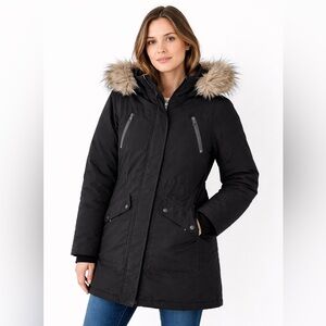 Canadiana Down Filled Winter Parka Black Faux Fur Hood Sz Small Insulated Warm